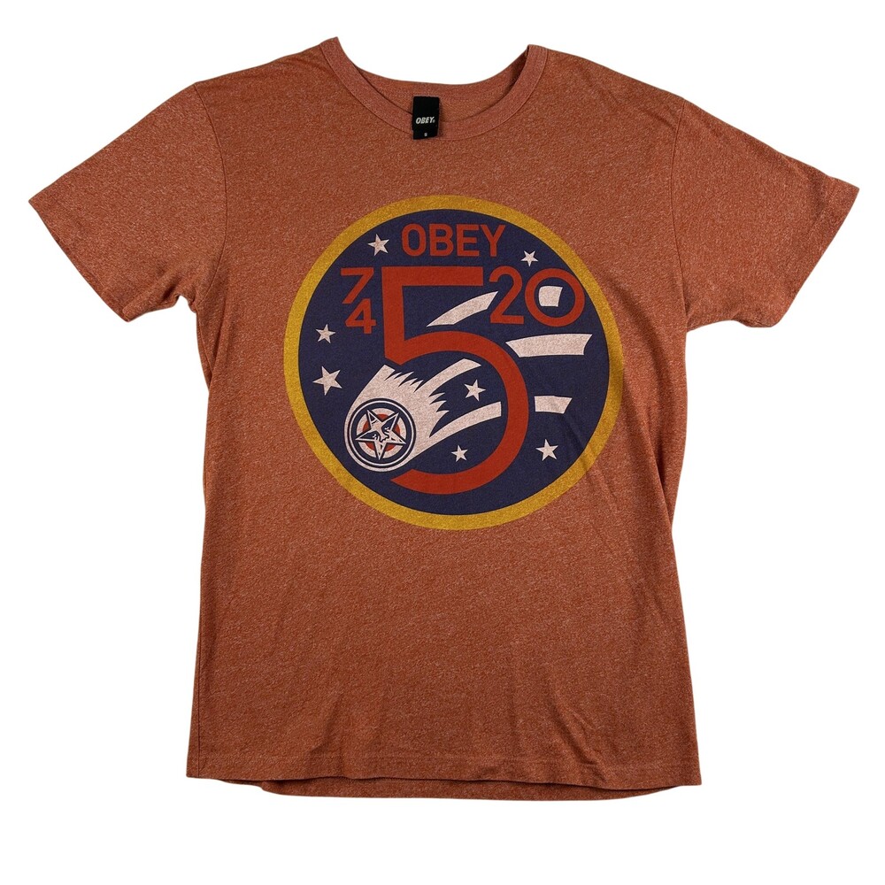 Obey Shirt Mens Small Orange Space 5 Graphic Crewneck Tee Made USA Streetwear